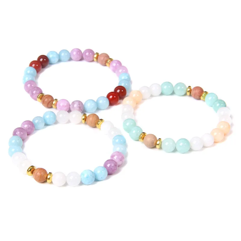 

8mm Red Agate Beads Colorful Rainbow Stones Gold Stainless Steel Spacers Stretch Bracelet for Women