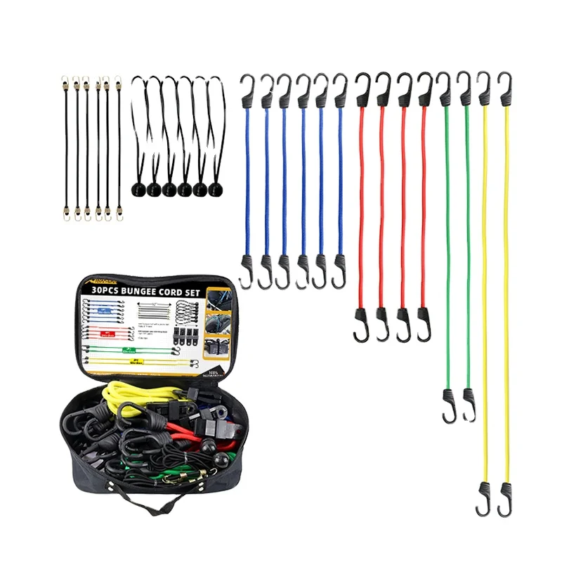 

Motorcycle 30 Pcs bungee cord sets Premium elastic Tie Down Bungee Cords with hooks kit, Red yellow green blue black orange