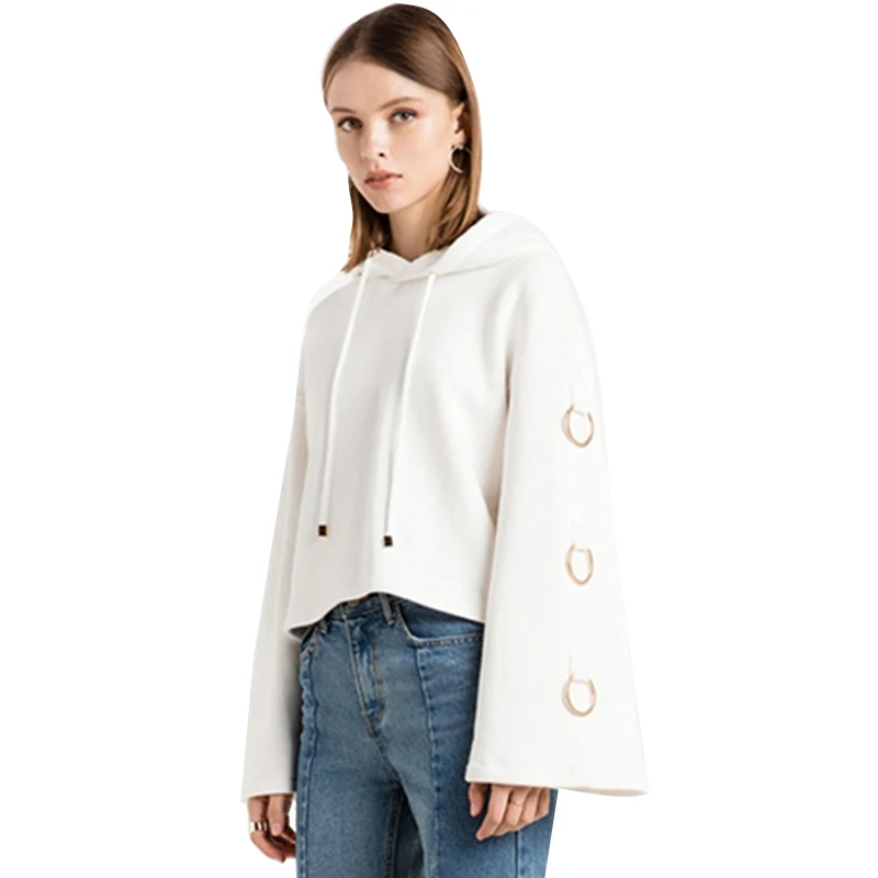 

Leisure metal accessories Women Irregular wide sleeves Cropped Top long Sleeve Crop Hoodie for girl