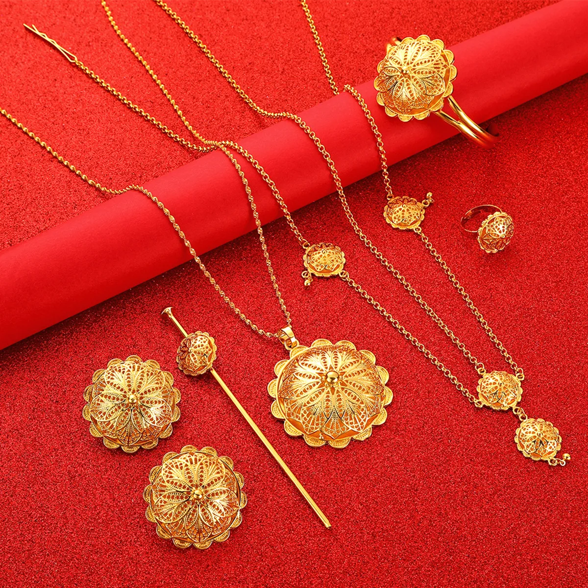 

Ethiopian Jewelry Sets Pendant Necklaces Earrings Ring Bangles for Women