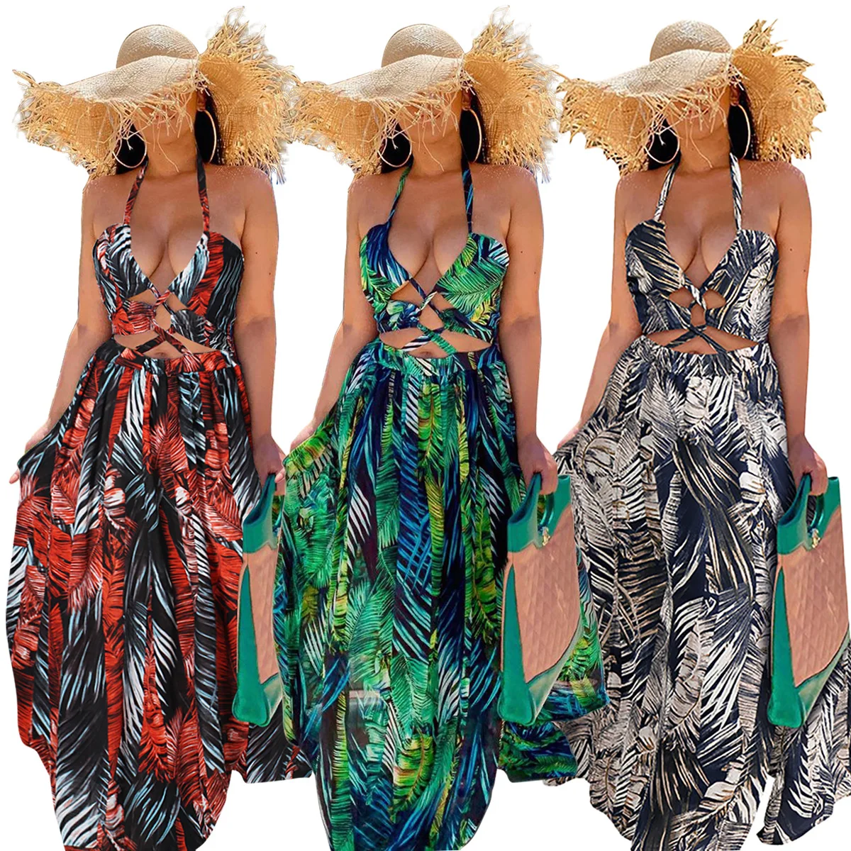 

Sexy Cutout Halter Maxi Dresses Backless Split Cocktail Dress Women Boho Floral Halter Summer Beach Party Split Cover Up Dress, Shown