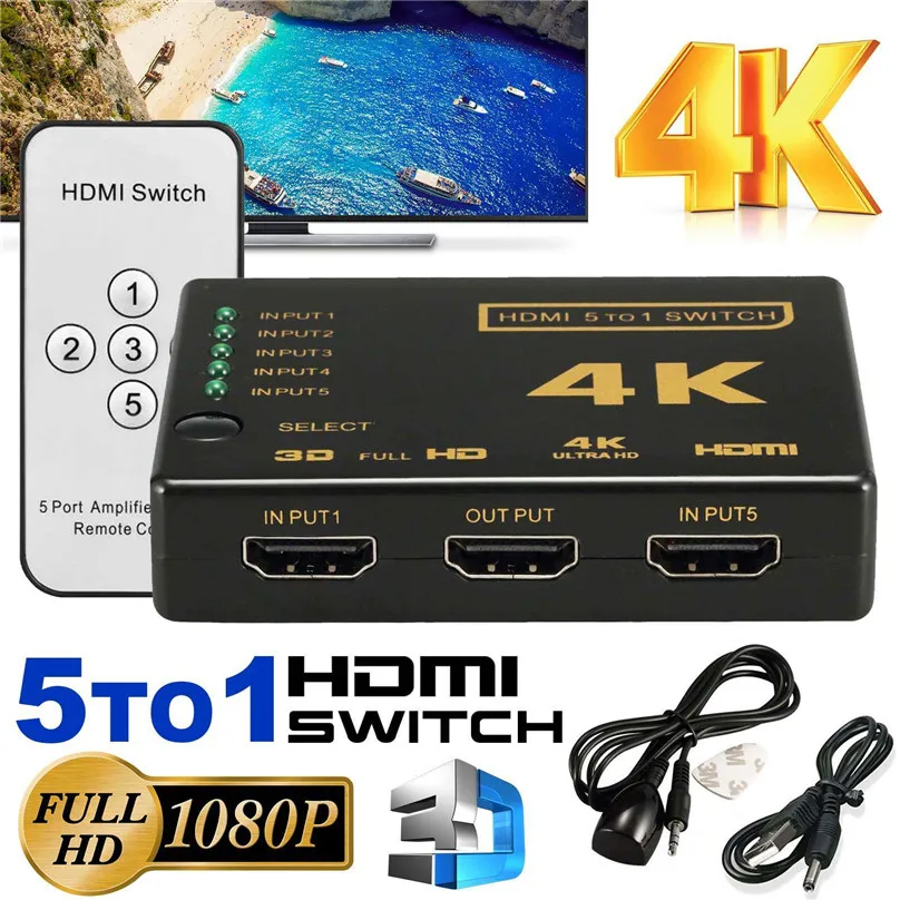 

5 Port HDMI Switch Splitter Hub 1080P Video IR Remote control HDMI Switcher Box 5 IN 1 OUT 4K 1080p Full ultra HD