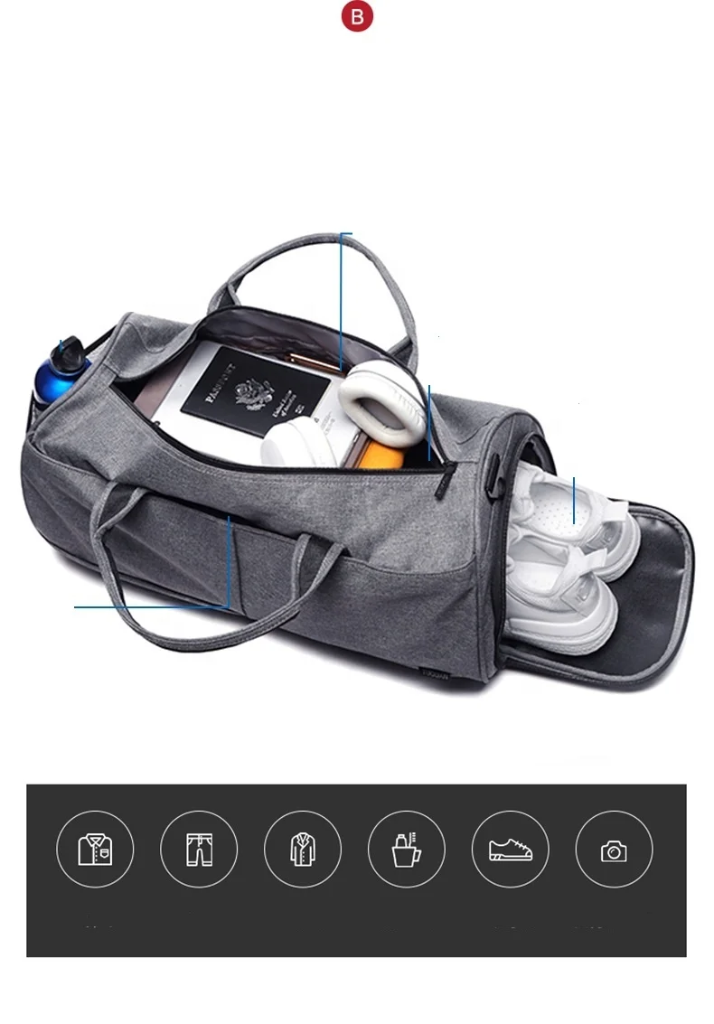 
Fitness Sports Training Bags Custom Logo Men Gym Bag Waterproof Travel With Shoe Compartment Gray/Black CF1698 