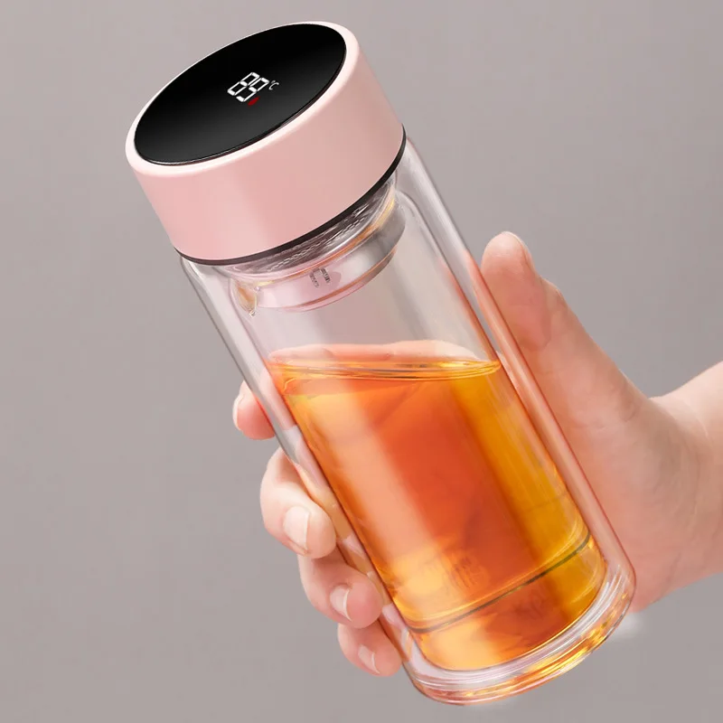 

Double Wall Glass Tea Infuser Drink Bottle Temperature Display Glass Water Bottle, Blue, black, pink, green, beige