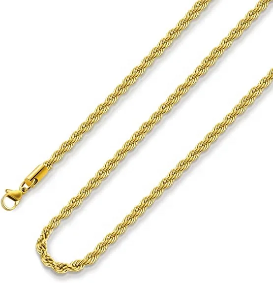 

R.Gem. Stainless Steel 2.5mm-2.5mm 18k Real Gold Plated Rope Chain Necklace