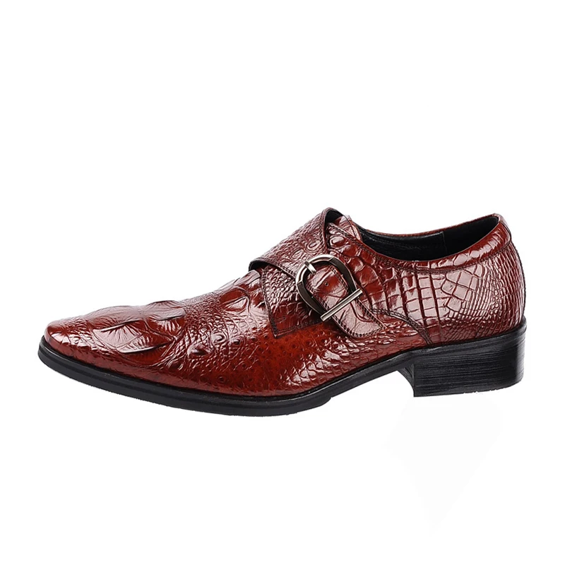 

Hot Selling Office Men's Leather Shoes Plus Size Crocodile Pattern Pointed Square Heel Belt Buckle Shoes Men Work