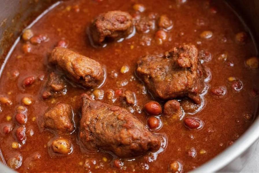 Perfectly cooked short rib chili with tender meat falling off the bone, rich dark broth, and visible spice flecks
