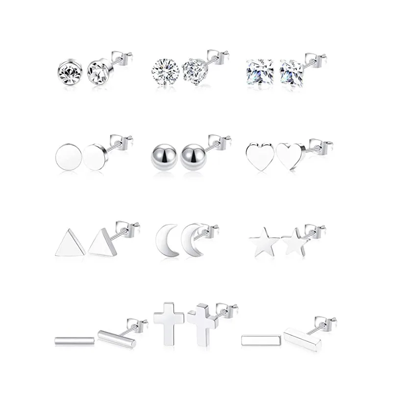

Hypoallergenic Stainless Steel Geometric Silver Tone Earrings Stud Set Star Moon Cross Ball Triangle Heart Clear Shiny CZ Stud