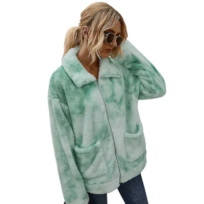 

Hot sale tie dye plush casual cardigan female pockets trendy jacket winter women