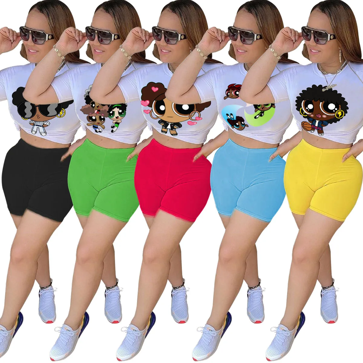 

New Arrivals Women Fashion Casual Suit Cute Printed Short Sleeve Round Neck T-shirt Shorts Pants Two Piece Set