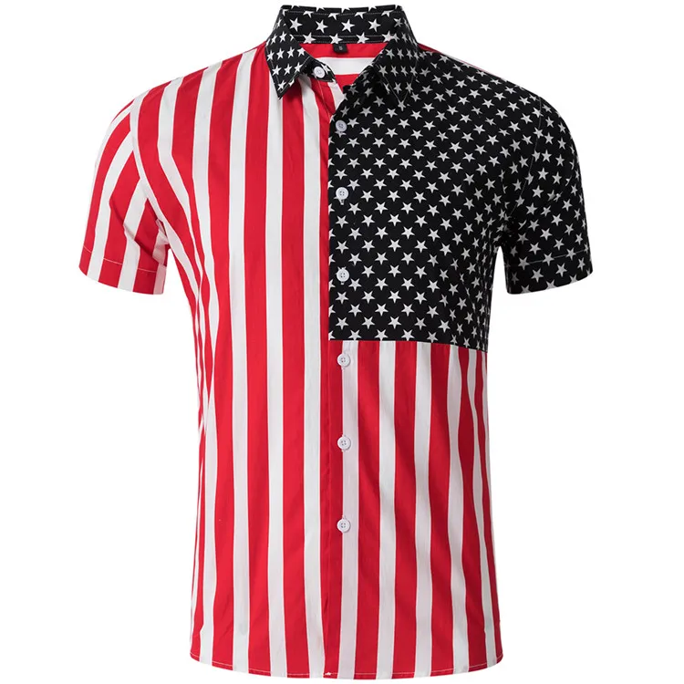2020 new design custom logo mens 100% cotton short sleeve American USA flag printed aloha beach hawaiian shirts for men