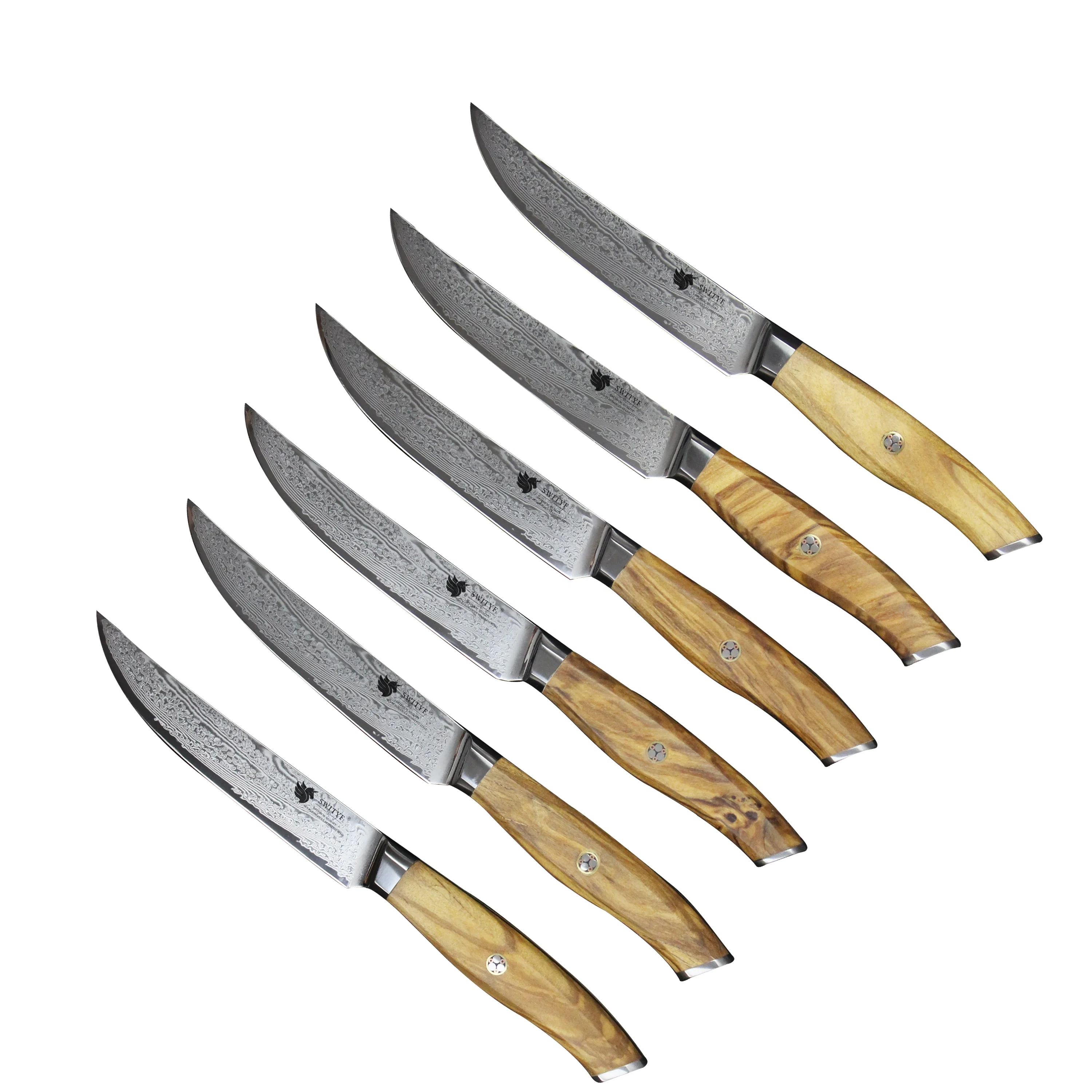 

6PCS set 5 Inch Damascus VG-10 steel core 67 layers kitchen steak knives damascus wooden steak knife set with olive wood handle