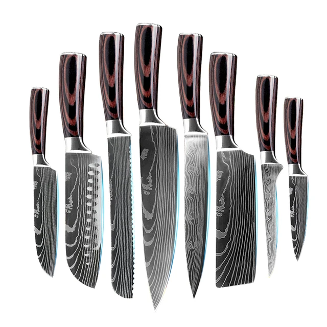 

Top Selling 8PCS Wood Handle Laser Pattern High Carbon Stainless Steel Knife Set With Gift Box