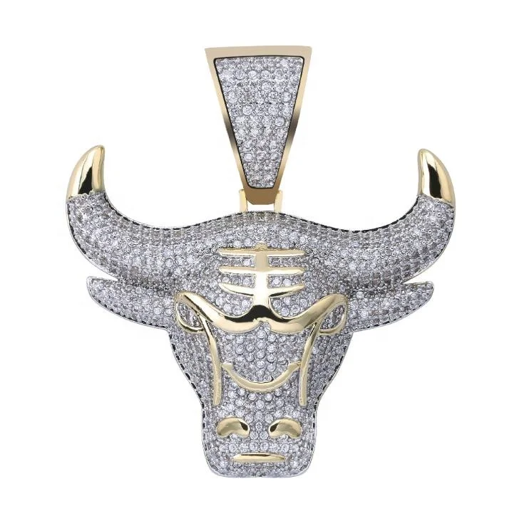 

Micro Inlay Bull Head Pendant Powder Zirconium Disc Cow Hip Hop Jewelry Men's Necklace, Gold/silver