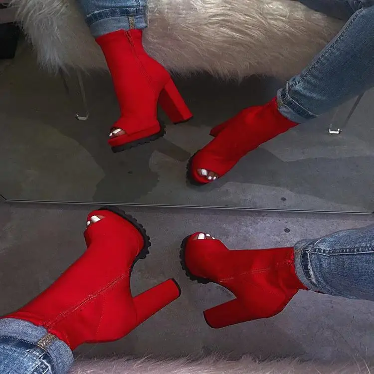 

Wholesale The Best Peep-toe Cotton Fur Microfiber Customized Red Ladies Custom High Heel Boot, Red/black/customized