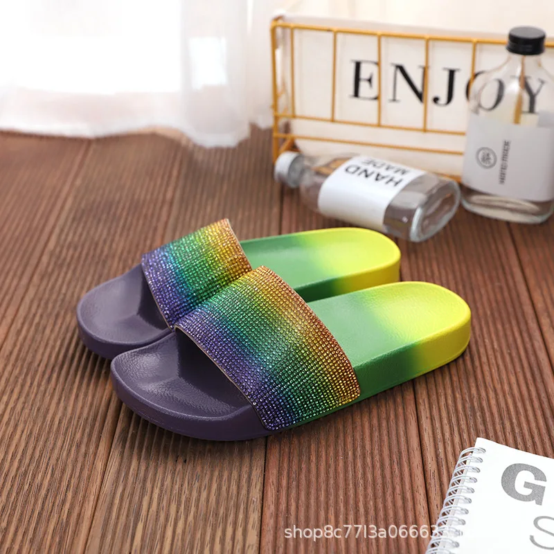 

Customize Logo women slipper sandals Woman Sandals Diamond Slippers Rainbow Slippers for women, White black purple