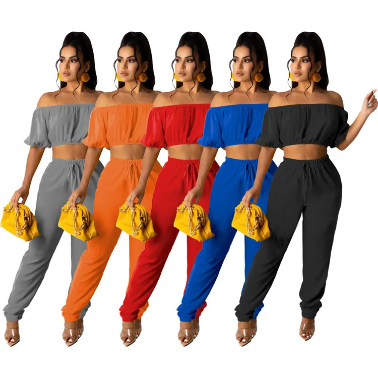 

Summer Streetwear 2 Two Piece Sets Women Outfits Off Shoulder Crop Top Drawstring Pants Suits Blue Casual Matching Sets, As picture