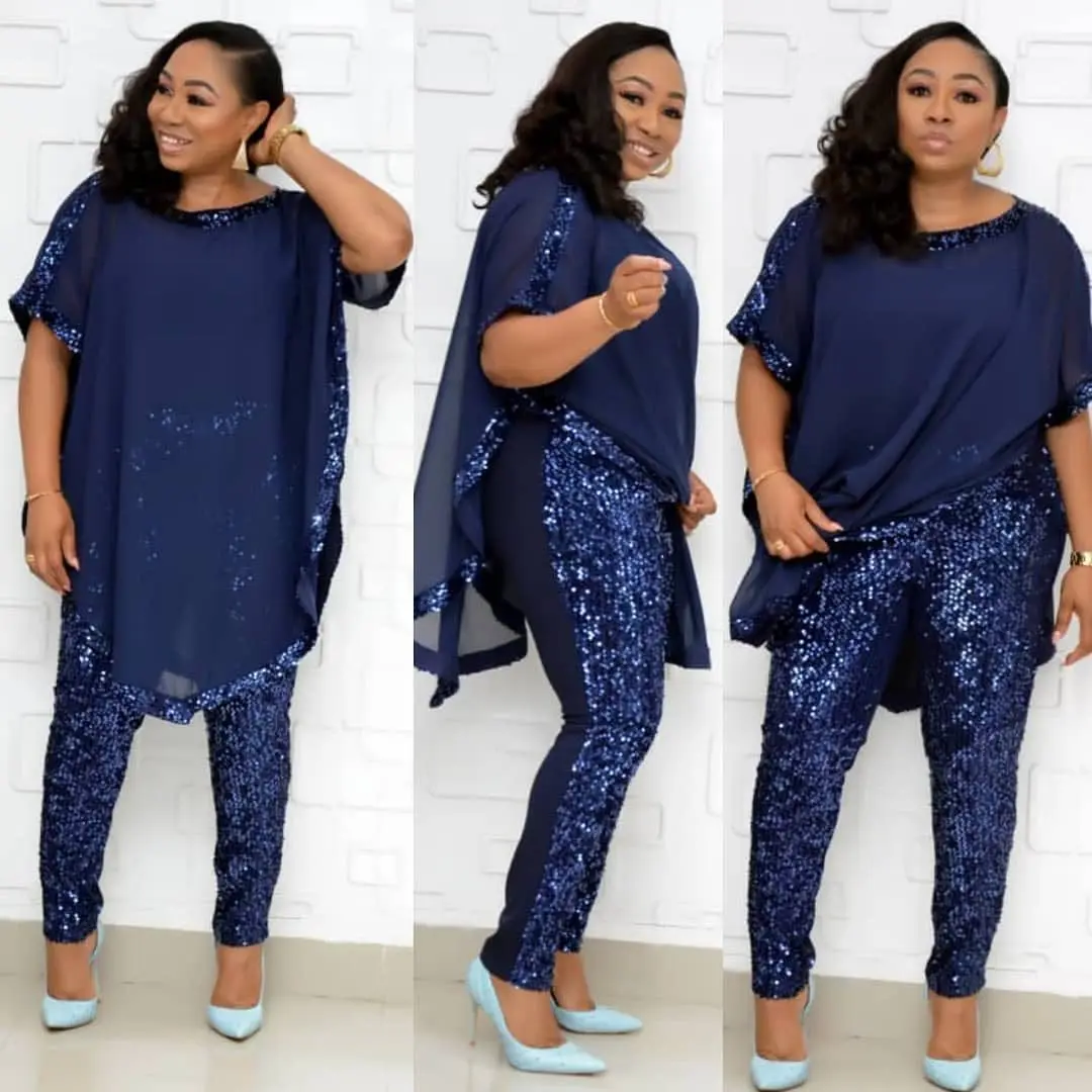 

Women's suit plus size blouse sequin stitching chiffon with inner strap and elastic sequin trousers india & pakistan clothing
