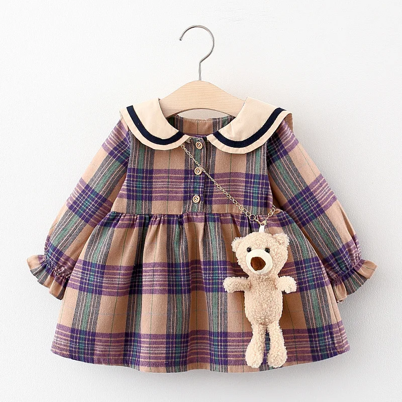 

Child skirt Girl baby plaid skirt long sleeve fashion girl dress send bear, Picture shows