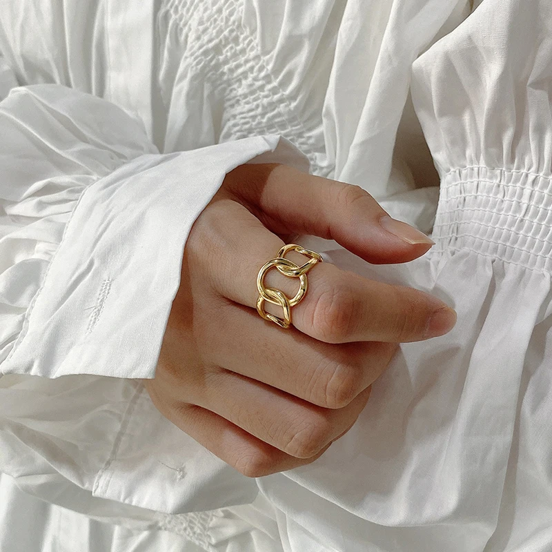 

Curb Link Chunky Chain Wide Rings Hollow Gold Geometric Rings for Women 925 Sterling Silver Minimalist Rings 2019 Resizable