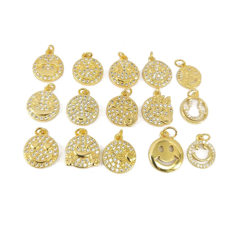 

CZ8307 Gold Plated CZ Micro Pave Emoticon Emojis Smiley Smile Face Charm Pendants for Bracelet Earring Necklace Jewelry making