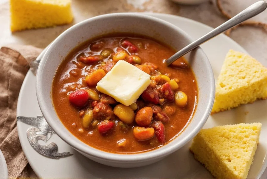 Homemade cornbread served alongside a bowl of chili with melted butter on top