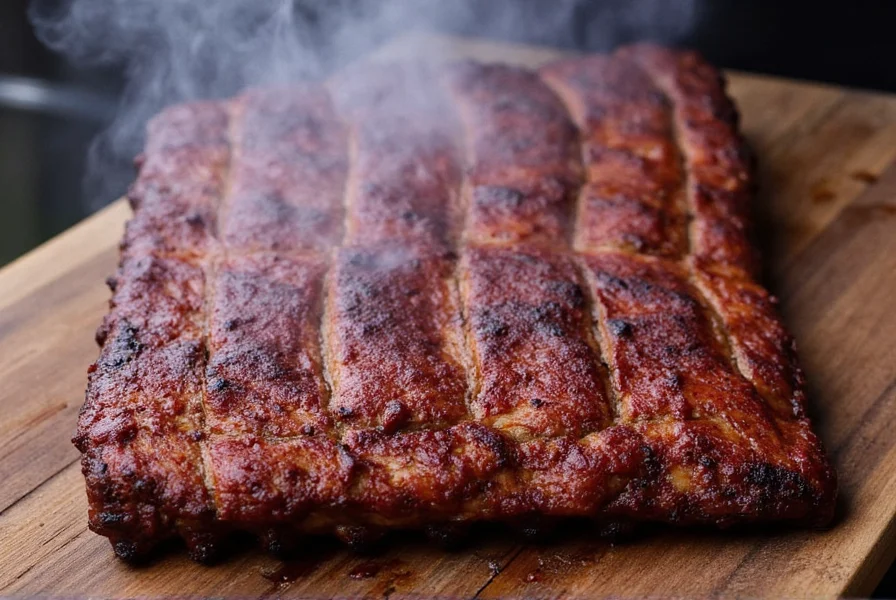 Plated St. Louis style ribs with sauce