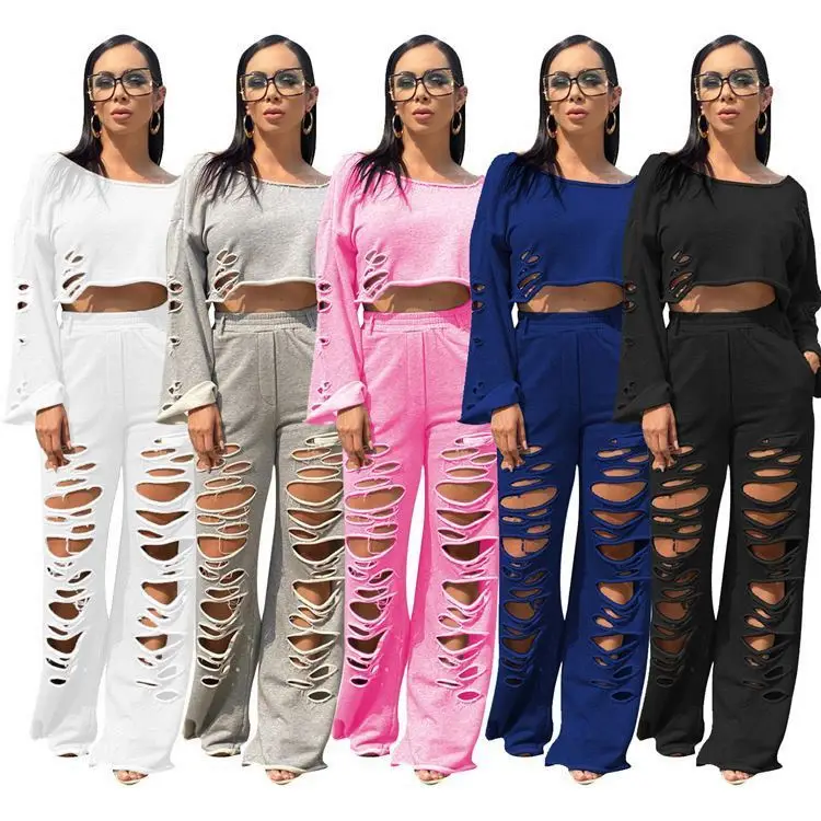 

Latest Design Track Suit Outfits Two Piece Set Women Clothing Solid Color Holes Casual Suit Ladies 2 Piece Pants Set