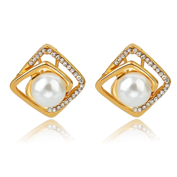 

Promotion Cheap Big Pearl Square Rhinestone Hollow Earring Studs shell pearl Geometric Needle Earrings for women