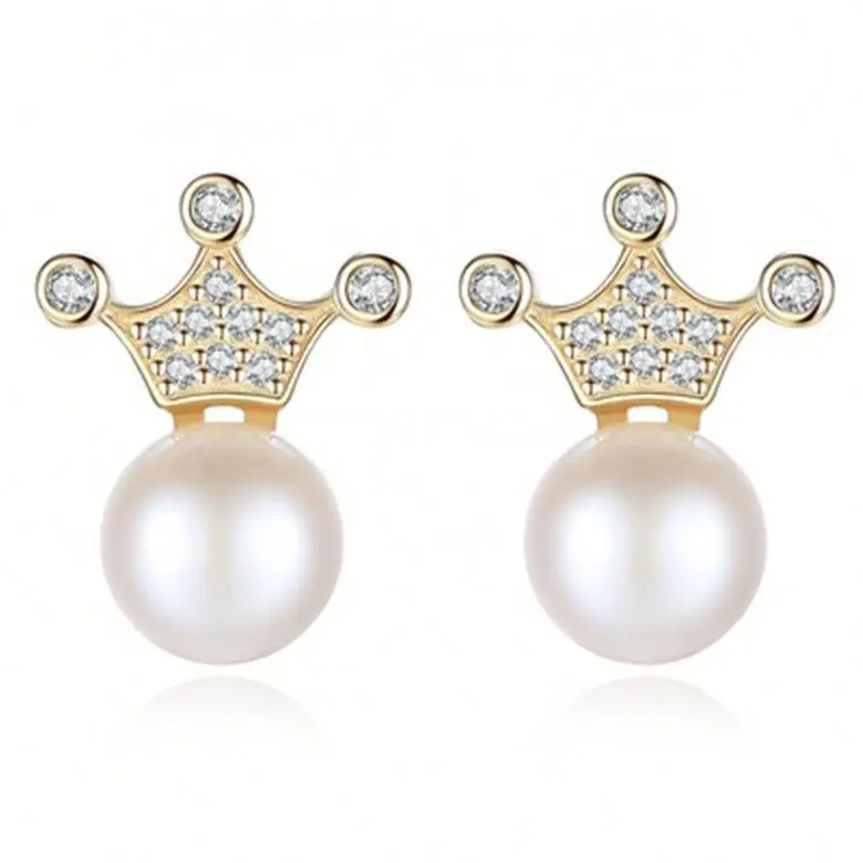 

S925 Silver Crown Pearl Stud Earrings Fashionable Diamond Stud Earrings, Picture