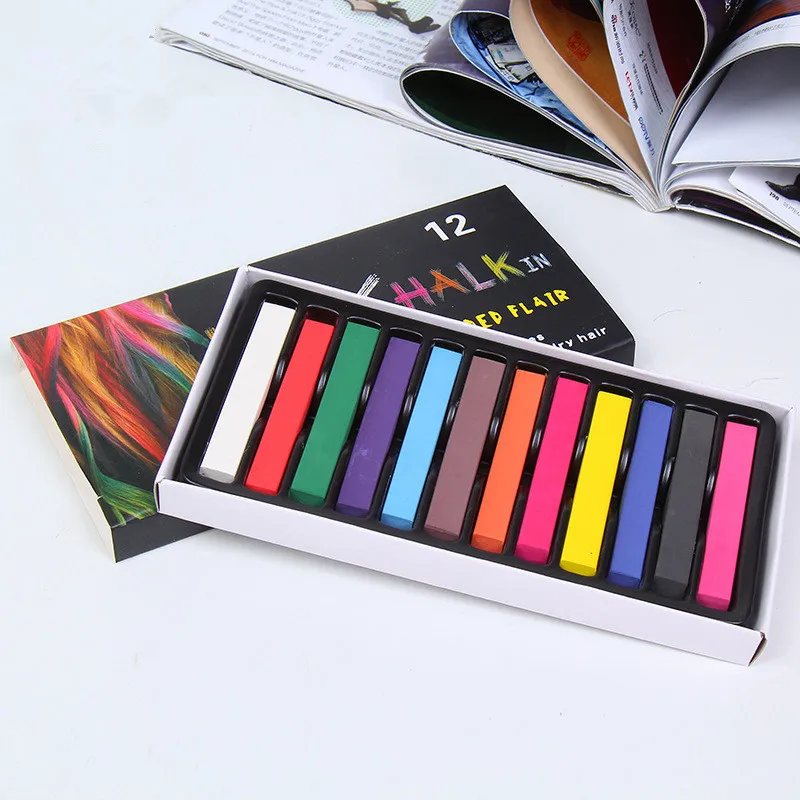 

J846 Hot Sale 12 Colors Salon Crayons Paints Temporary Deluxe Organic Girls Kids Color Dye Pens Hair Chalk Stick Set