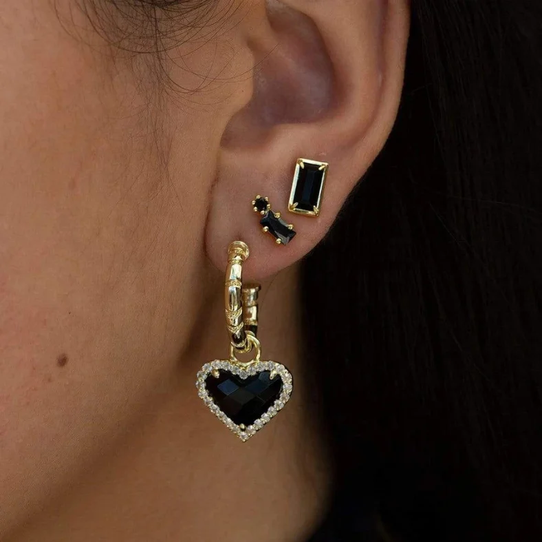 

18K Gold PVD Plated Brass Jewelry Sterling Silver 925 Needle Hook Earrings Black Crystal Heart Drop Earrings Women