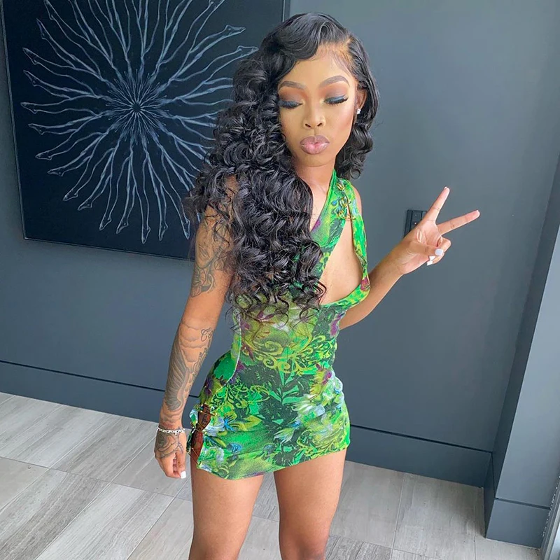 

Lygens Hollow Out Flower Print Sleeveless Slit Side Bodycon Mini Dress Sexy Fashion Strendy High Street Summer Women Clothes, Customized color