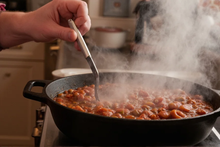 Grandmother stirring cast iron pot of Southern hot dog chili in traditional kitchen