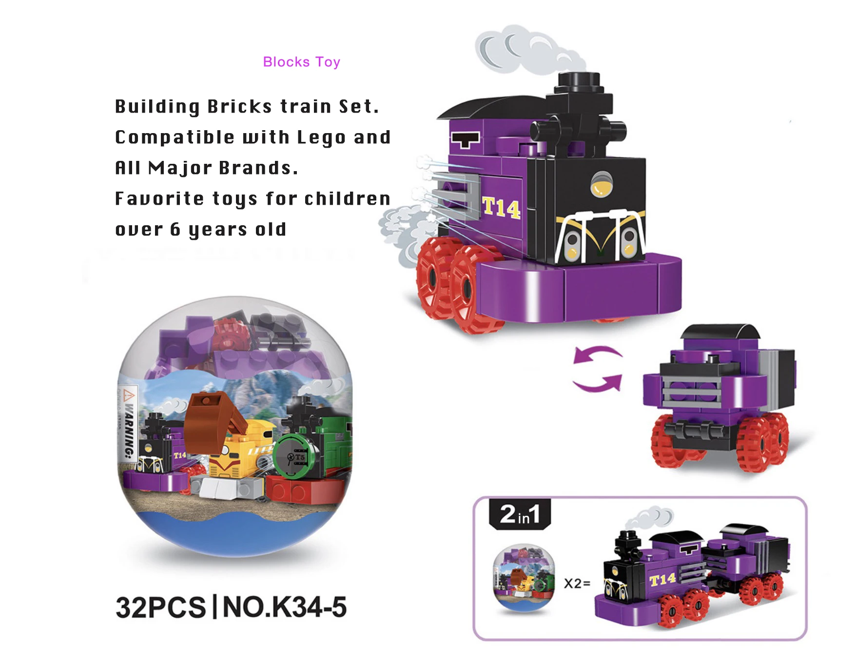 Mini train story 6-in-1 surprise egg capsule changeable puzzle building block toy