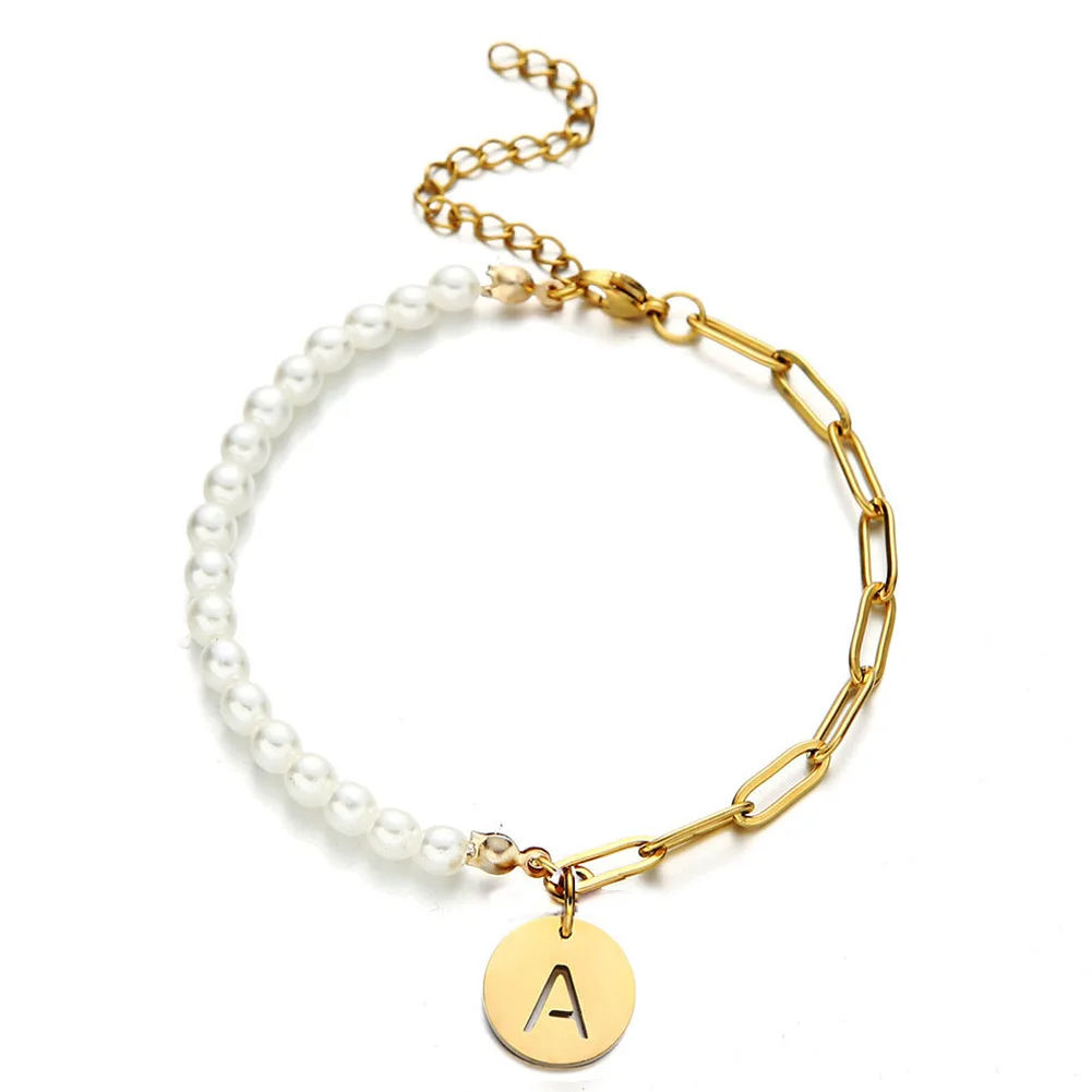 

Women Girls Pearl Jewelry Stainless Steel Imitated Pearl Chain 26 Letter Alphabet Initial Name Bracelet, Steel silver and gold