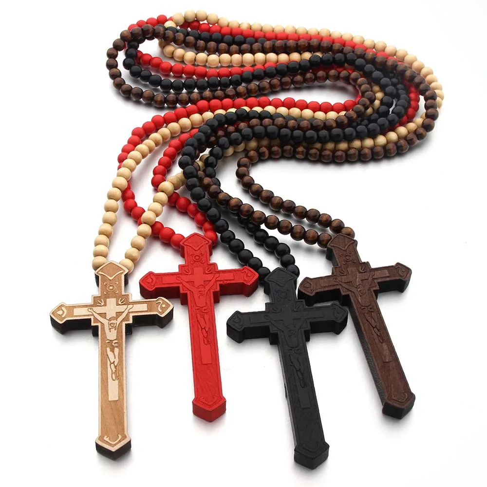 

MSYO Hip Hop Wooden Jewelry Cross Pendant Wooden Beads Beaded Stacking Men Necklace, As picture