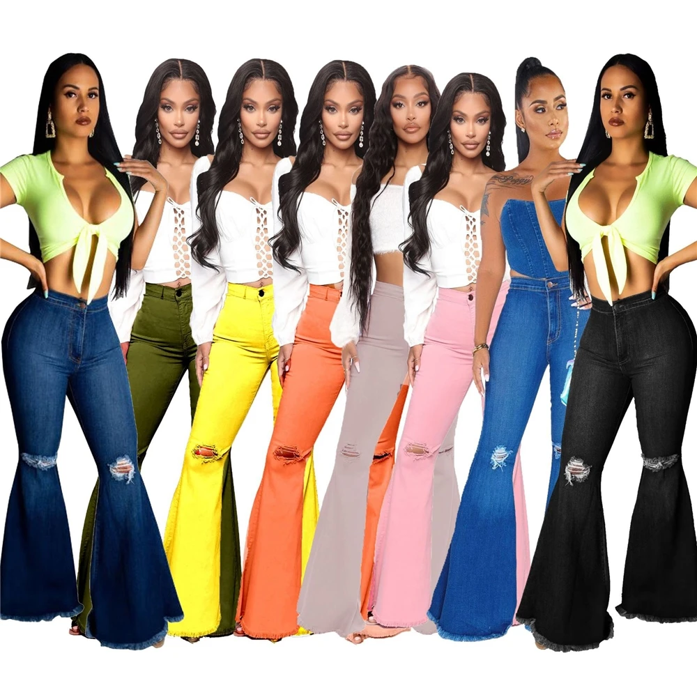 

Dropshipping Spot high-waist tight-fitting knee-hole denim flared pants women jeans pants 2021, Picture color