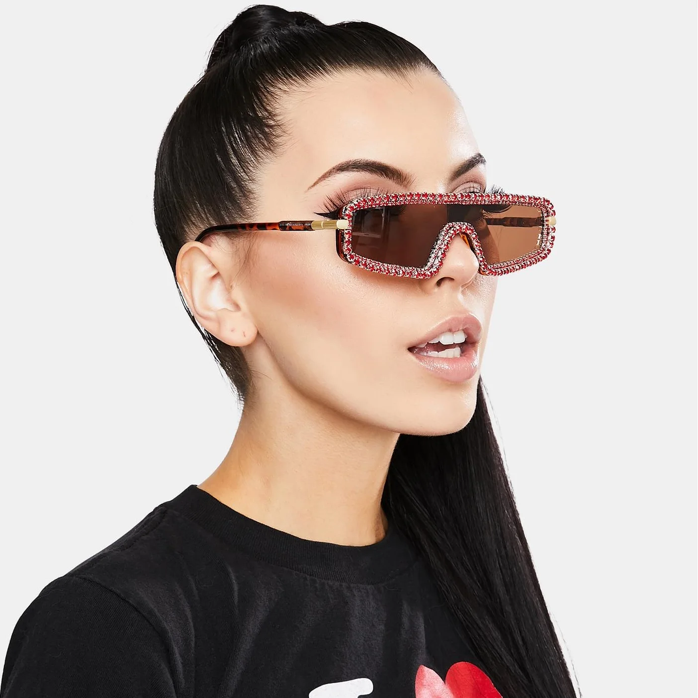 

New Futuristic Design Women Shining Colorful Rhinestone One Peice Lens Fashion Sunglasses Lentes De Sol