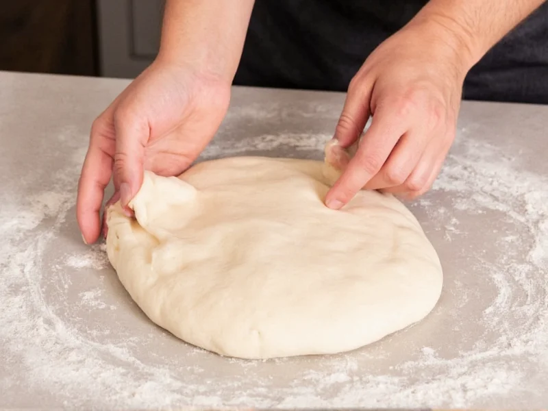 Hands stretching quick pizza dough on floured surface