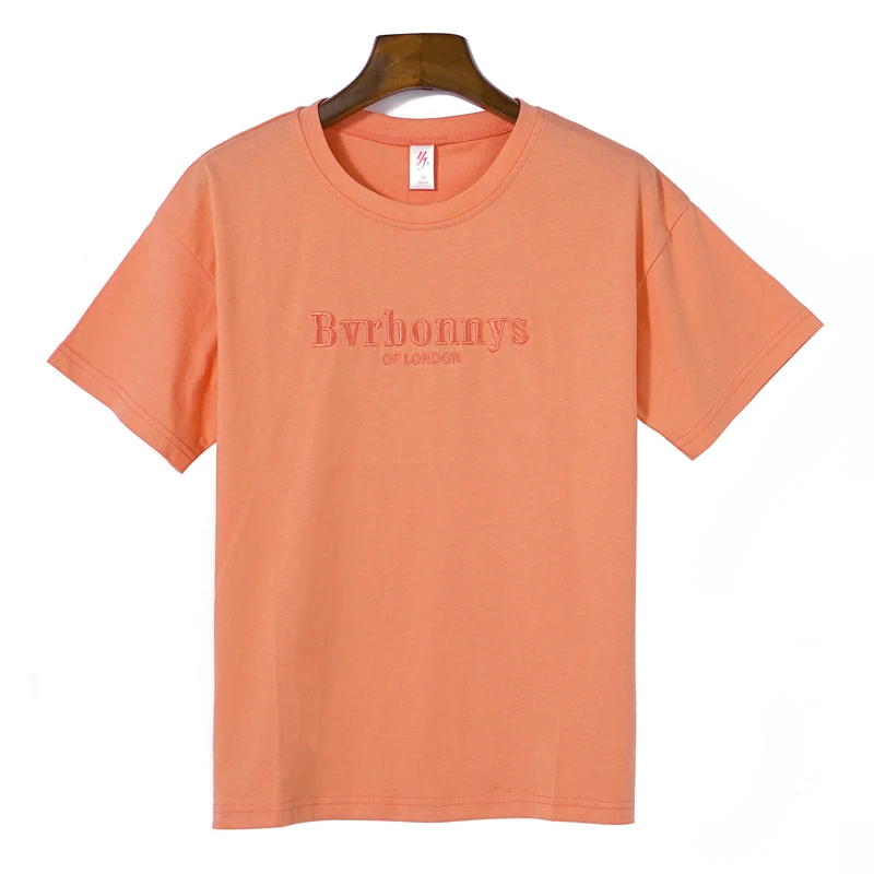 

Rummandy High quality new style wholesale stock embroidered t shirt for women orange short T shirt, Customized color