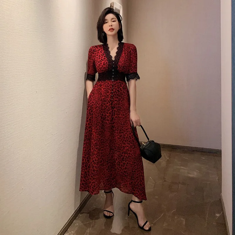 

Summer Korean Dress New Women's Red Sexy Chiffon Leopard Print Long Floral Dress