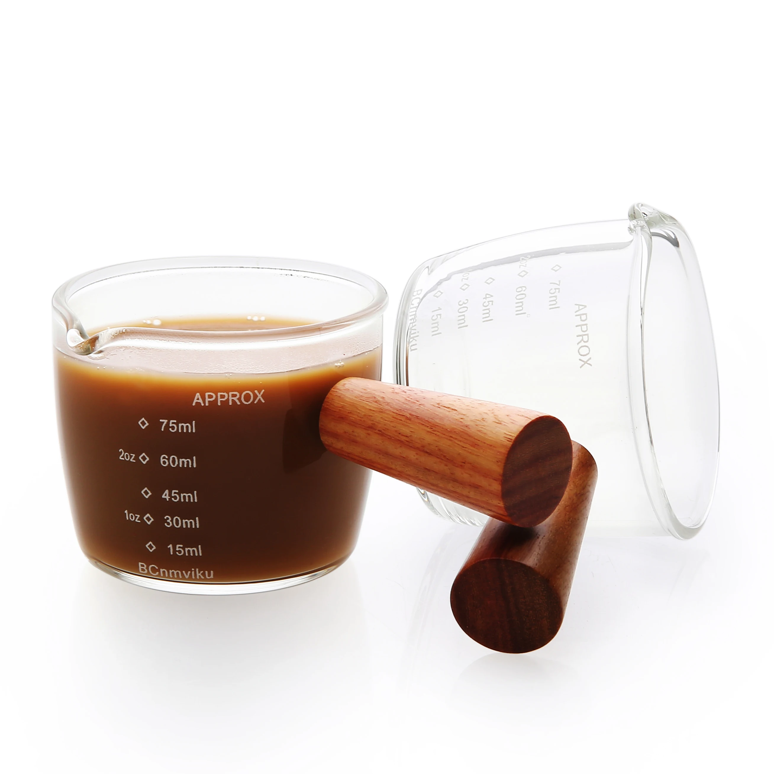

Espresso Shot Glass Measuring Cups 75ML Triple Pitcher Barista Single Spouts Milk Cups With Wooden Handle By BCnmviku, Transparent clear