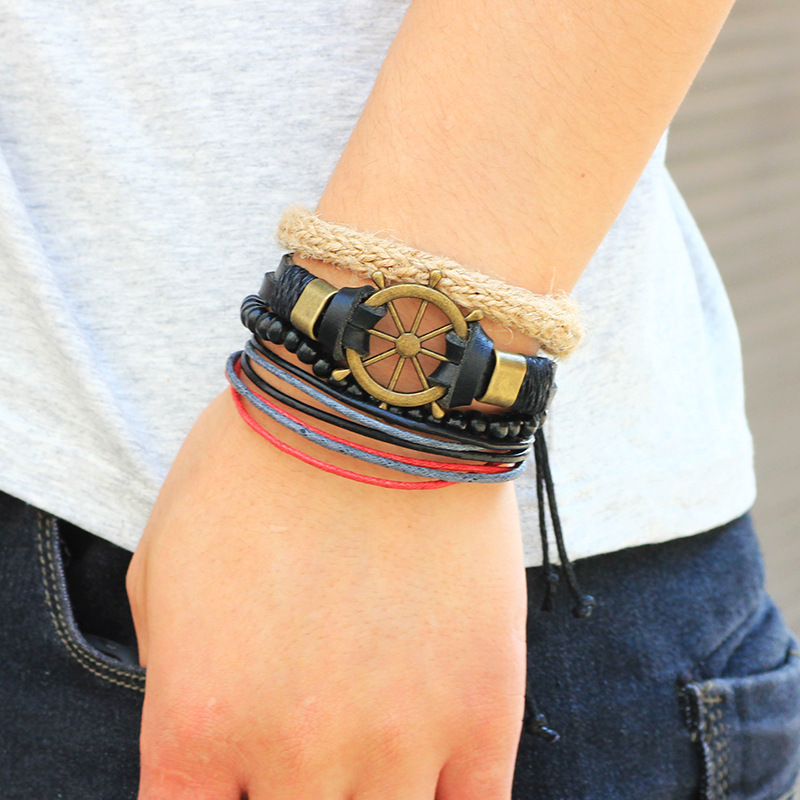 

New arrival Multi-circle jewelry Wooden beads Rudder Braided rope diy bracelet accessories for men, As picture