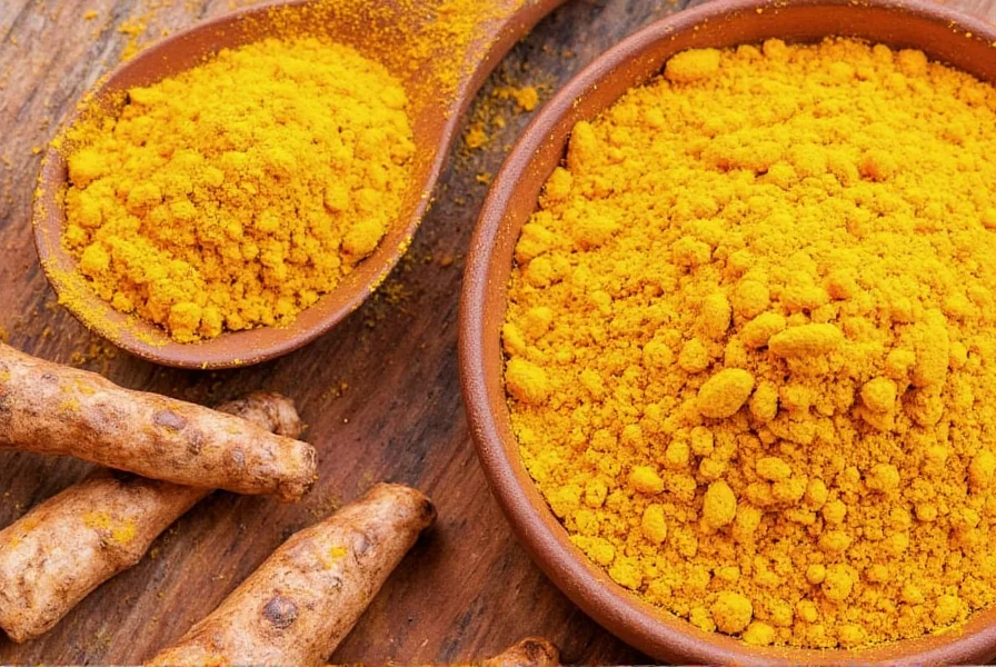 Saffron threads next to turmeric powder for color comparison