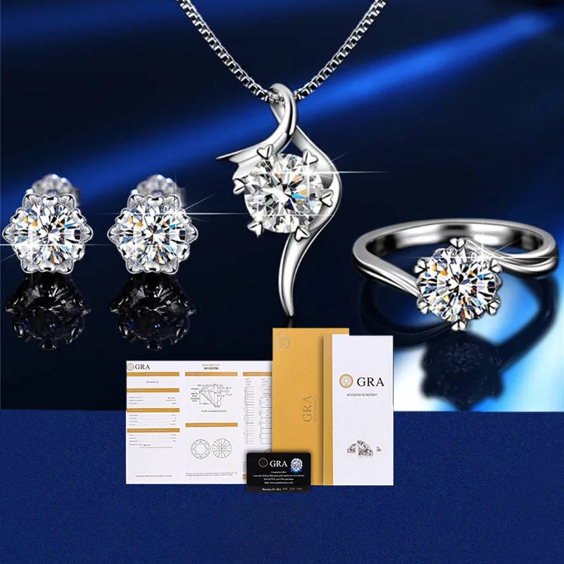 

Hot Sale S925 Sterling Silver Moissanite One Carat Classic Six Prong Hoop Necklace Earrings Jewelry Set