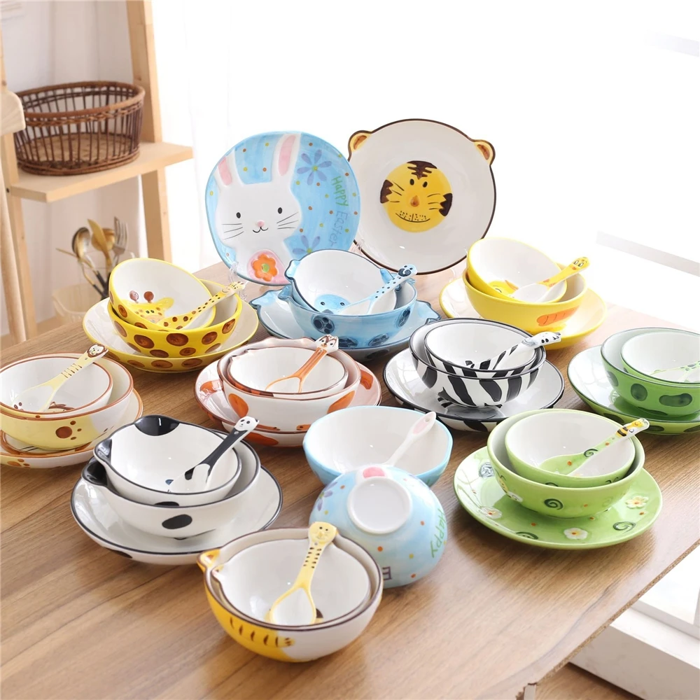 

Creative cutlery set for children with hand-painted cartoon animal ceramic bowl I