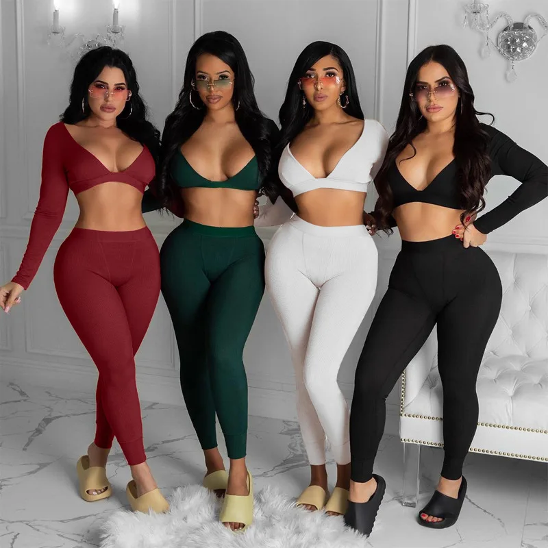

Solid Color V nNeck Two Piece Yoga Set Women Long Sleeve Backless Crop Top + High Waist Legggings Fitness Wear Workout Clothes