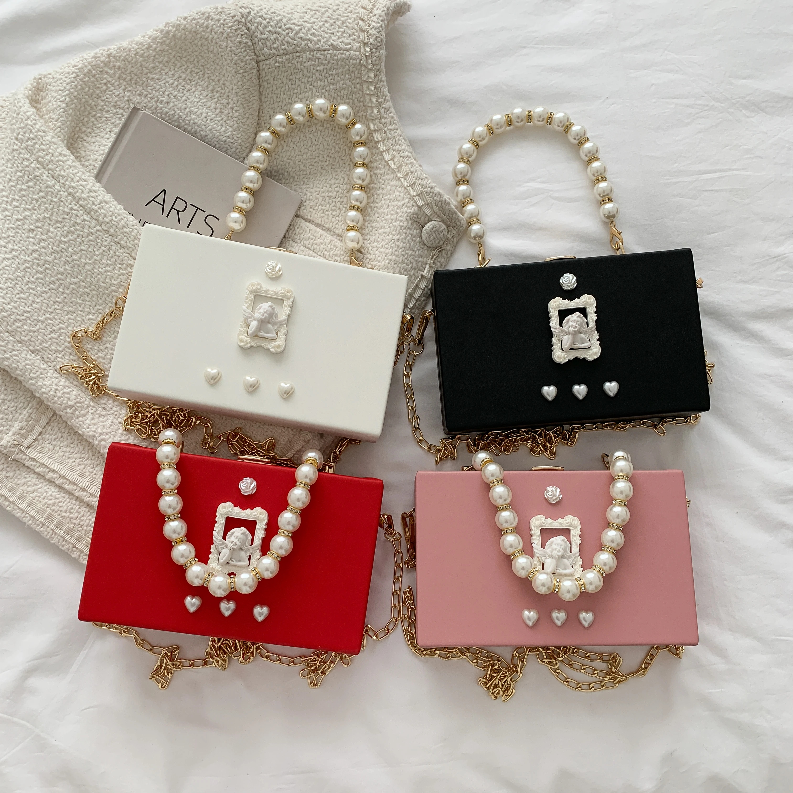 

2022 new style pearl handle chain box evening bag fashion lady handbag, 4 colors