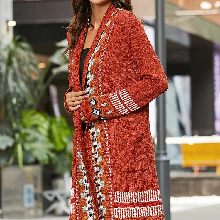 

WG8036 2021 Apparel New Arrivals fashion fall autumn winter knitted X- long coat jacket ladies tassel cardigan sweaters